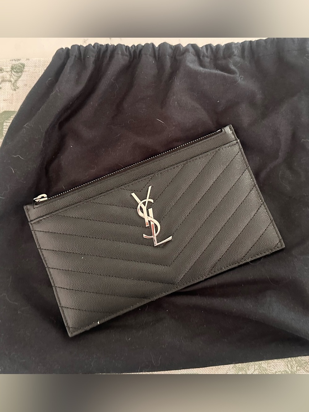 Yves Saint Laurent Black Chevron Quilted Zip Pouch with Silver YSL Logo